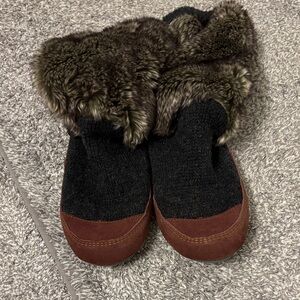 Acorn Gray and Brown Fur-Lined Slippers